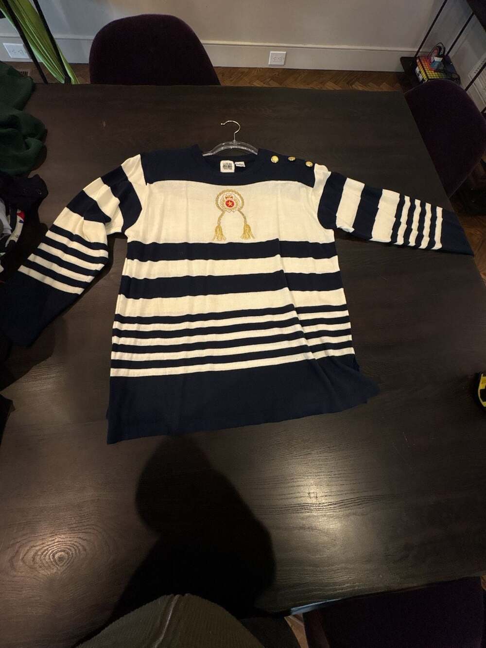 Vintage Jason Maxwell Nautical Stripe Sweater with Gold Crest Embroidery Shoulde